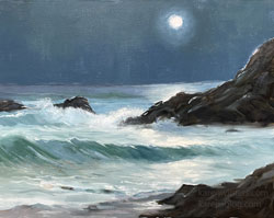 Pacific Magic, seascape with moonlight on Monterey peninsula area near Big Sur california Dramatic crashing waves. Nocturne